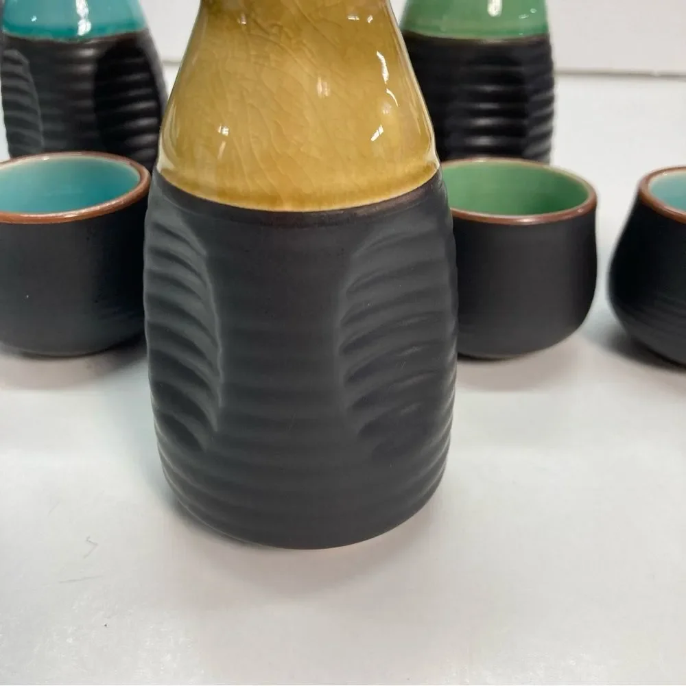 Sake Set 8pc Tokkuri Ochoko Ceramic Multicolor Glaze Japanese Style Gift Set Bar